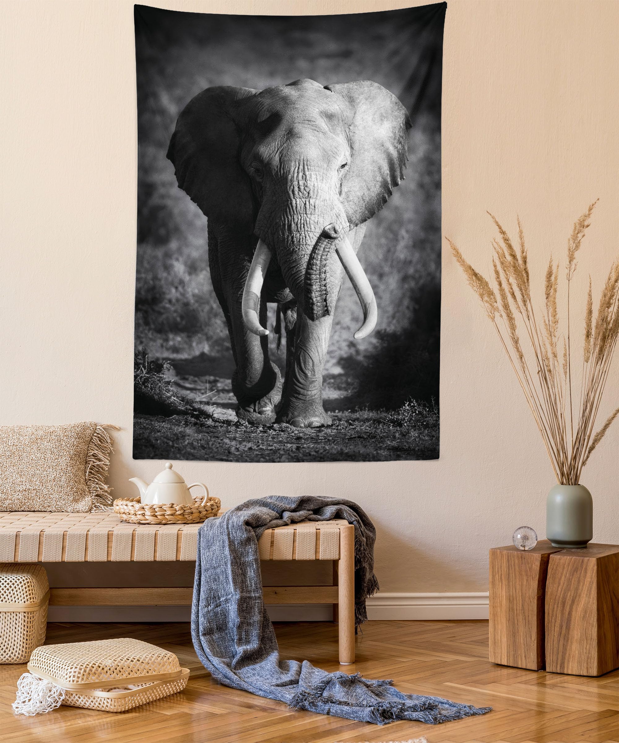 ABAKUHAUS Elephant Tapestry, Majestic Elephant Bull Approaching Photo Exotic Wild Habitat Mammal Art Print Safari, Fabric Wall Hanging Decor for Bedroom Living Room Dorm, 43 W X 58 L, Grey
