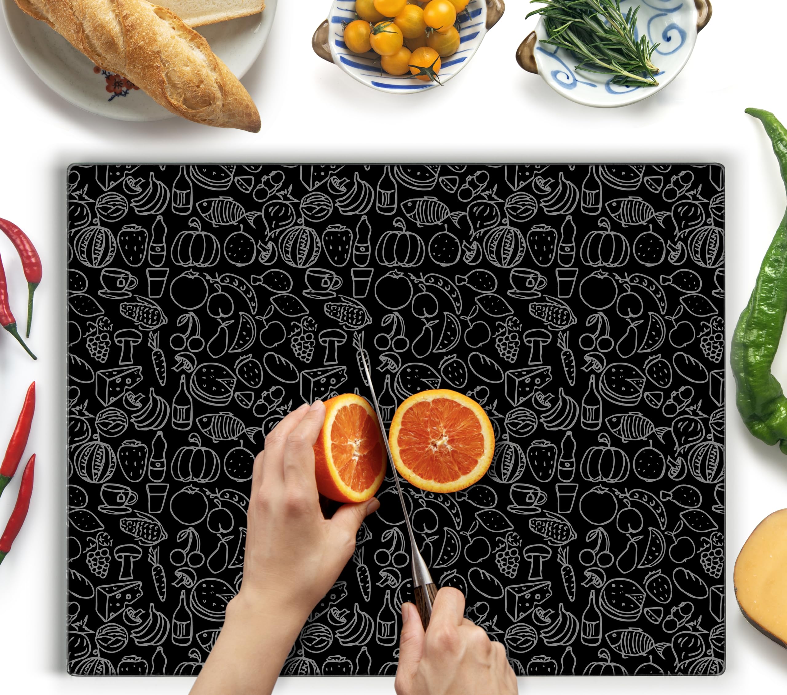 Kitchenville Glass Cutting Board 20”x16”: Tempered Glass Kitchen Counter Protector - Durable- Scratch-Resistant, Heat-Proof - Design 4 - Black Design Image Kitchenville Glass Cutting Board 20”x16”: Tempered Glass Kitchen Counter Protector - Durable- Scratch-Resistant, Heat-Proof - Design 4 - Black Design Image