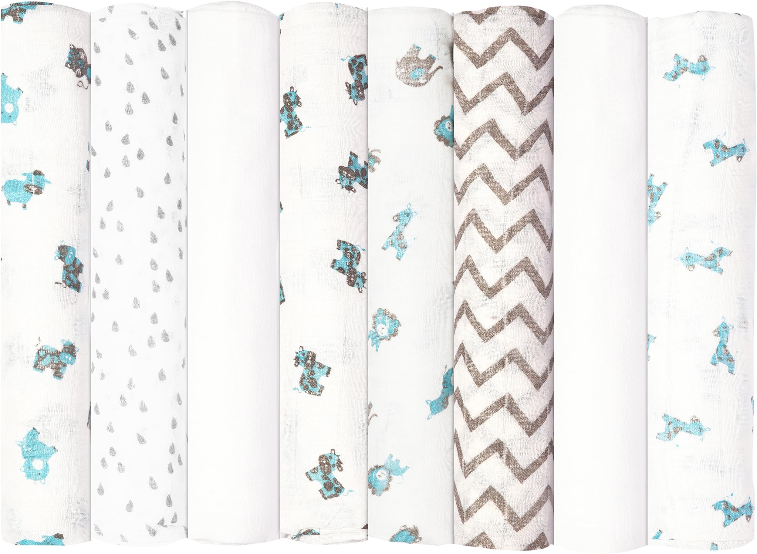 Babykin Organic Cotton Muslin Swaddle Blankets, Blue Animals, 8 Piece Pack