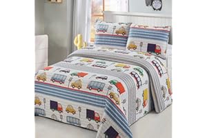 KIDS ZONE HOME LINEN 2 pc Twin Size Quilt Bedspread Kids/Teens Boys Transportaions Cars Trucks Bus Traffic Lights City Streets Taxi White Blue Grey Yellow Multicolor Bedding New