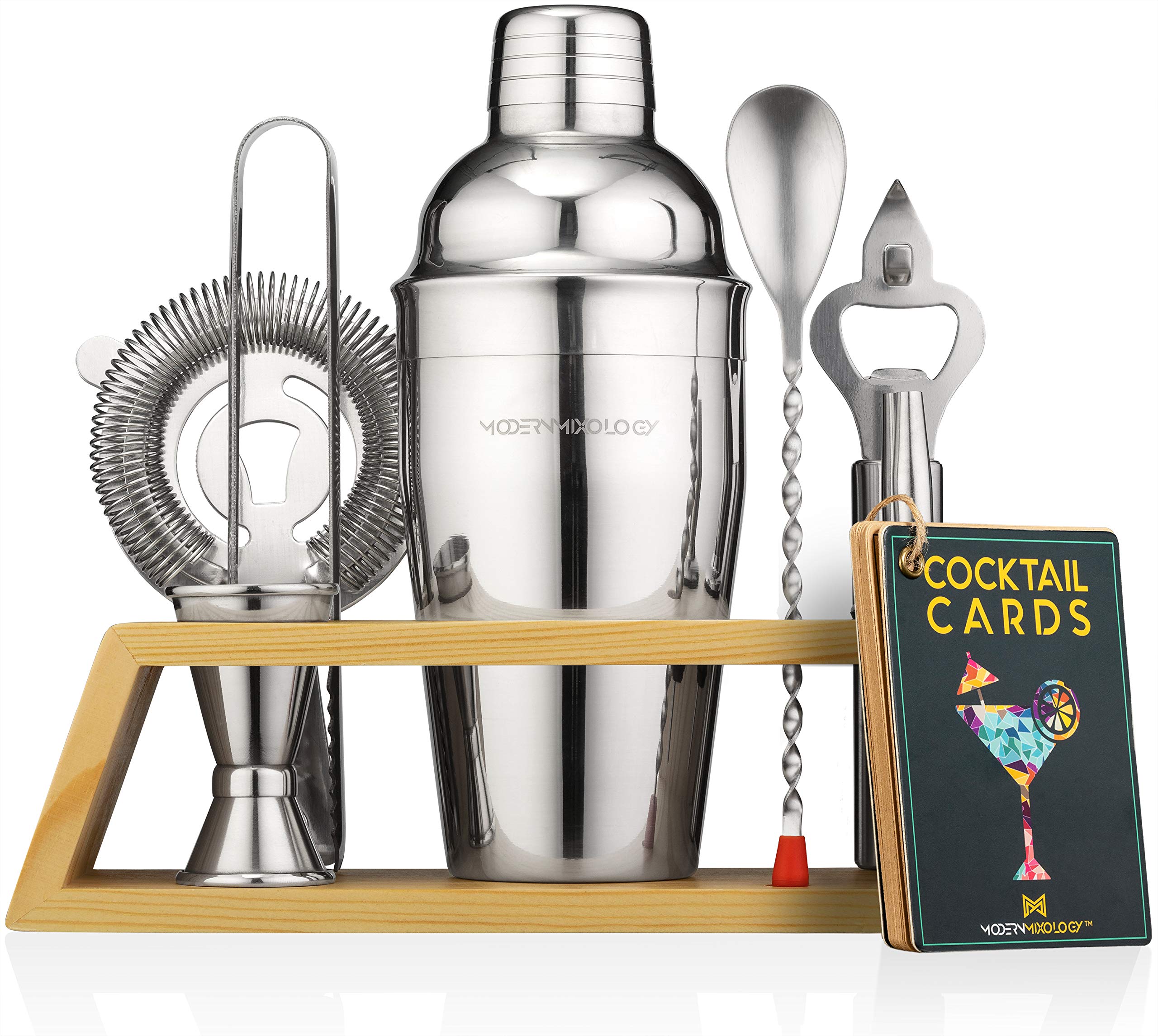Modern Mixology Cocktail Shaker Set - 10-Piece Bartender Kit w/Bamboo Stand - Silver