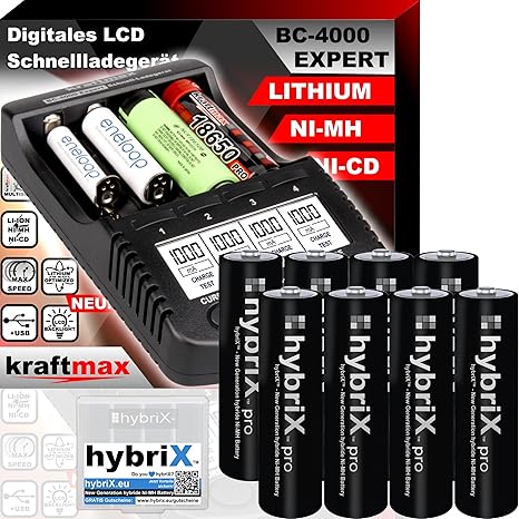 Original BC-4000 EXPERT Ladegerät + 8 hybriX Pro BLACK Mignon AA Akkus - SET mit Ladestation und Akku Batterien in kraftmax P