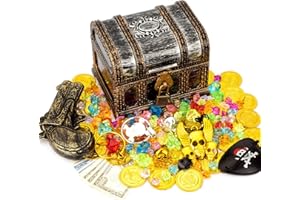 PEMALIN Kids Toy Pirate Chest Party Favors Set,Antique Color Treasure Chest Toys Accessories with Pirate eye patch,Skull tag with chain,2 Rings,2 Earrings, Handgun,100 Pirate coins,100 Gems,Lock and key.