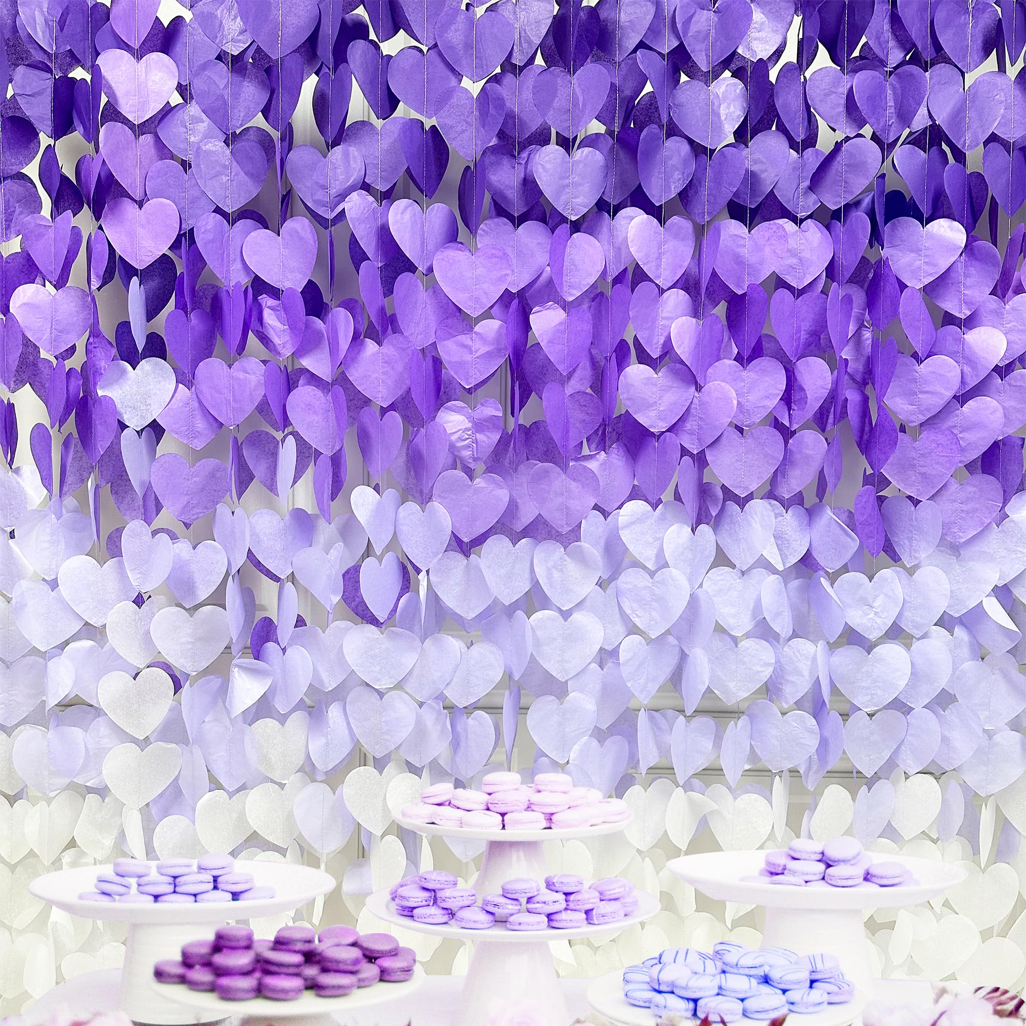 Photo 1 of 205Ft Lavender Party Decoration Ombre Purple White Heart Backdrop Streamer Tissue Paper Heart Hanging Garland for Birthday Valentines Day Bachelorette Wedding Bridal Shower Lilac Violet Party Supplies
