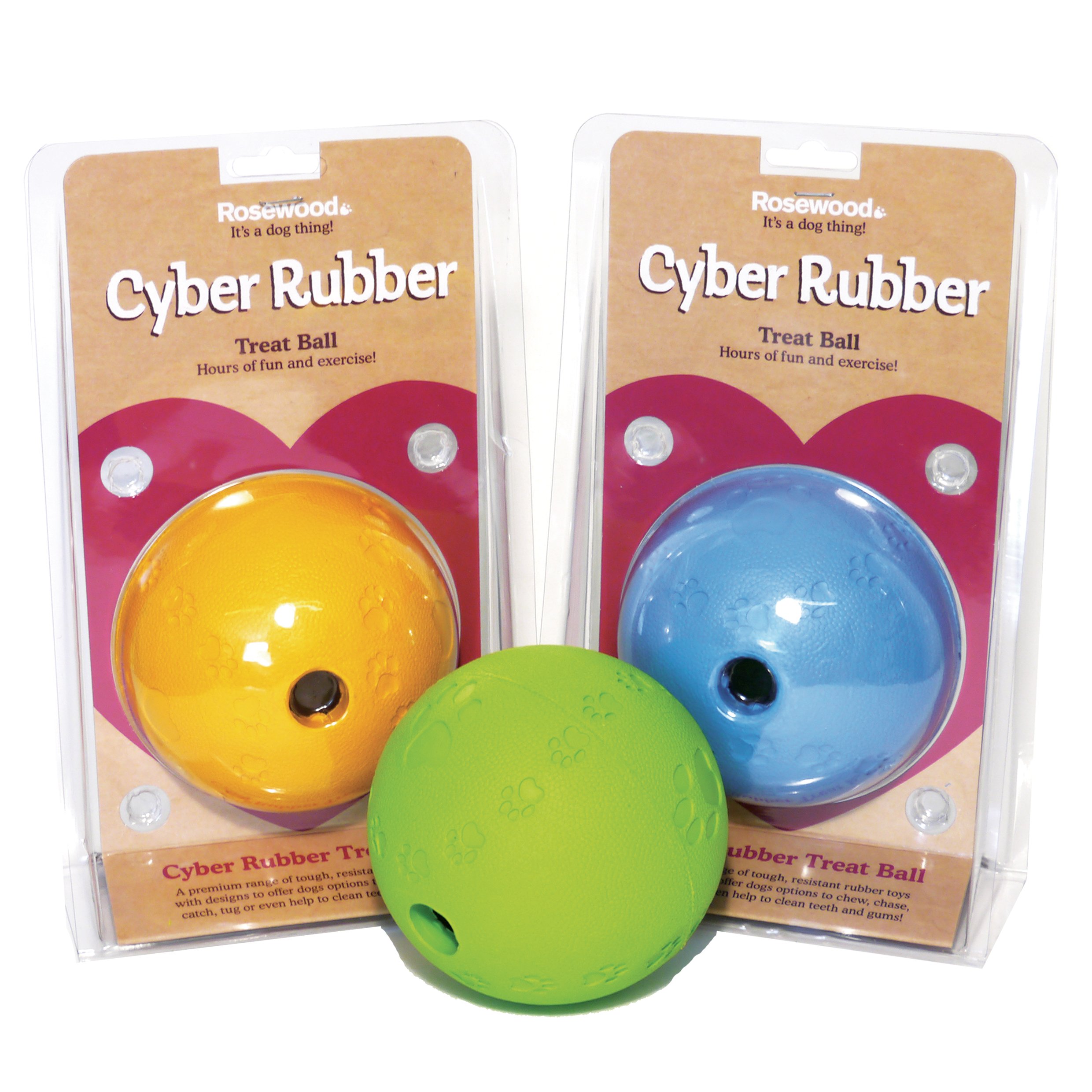Rosewood Cyber Rubber Treat Ball for Dogs – Tough, Interactive Dog Toy for Chewing, Treat Time, and Play – Non-Toxic Rubber - Suitable for Small Breeds and Puppies - Assorted Colours (1pc, Small)