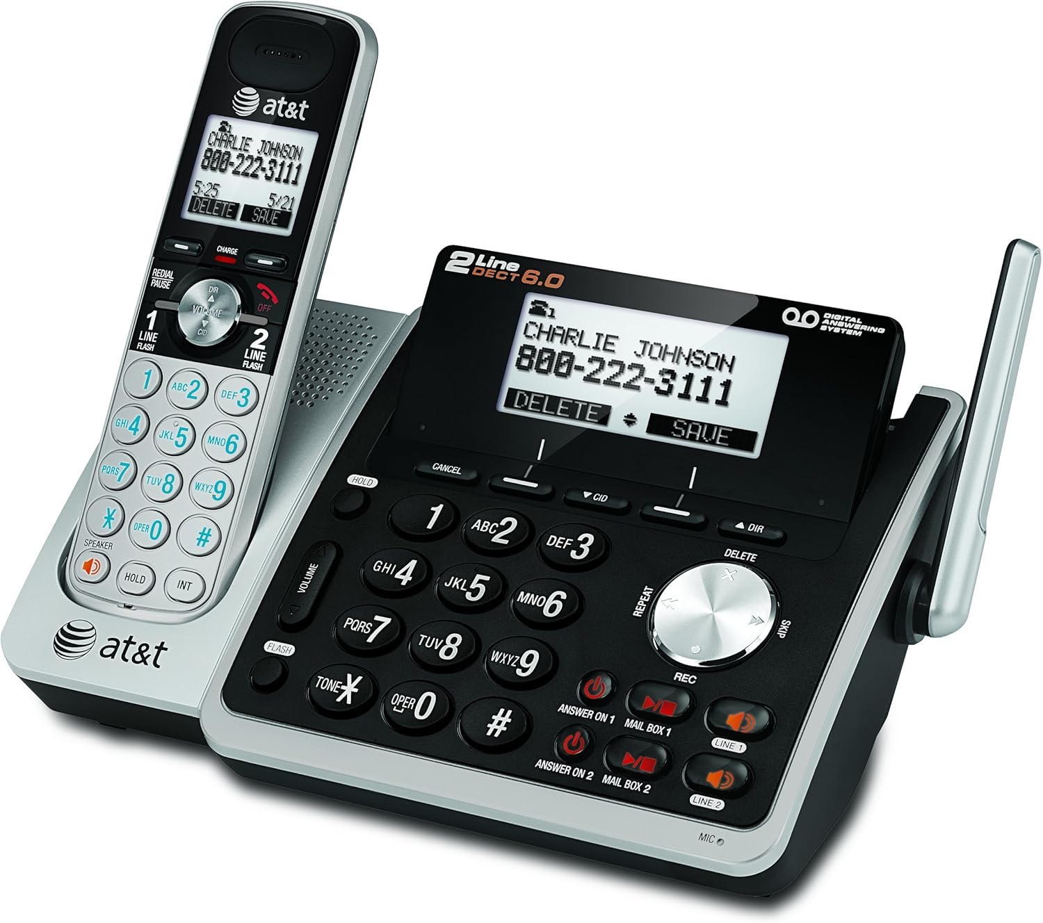 ATT 2Line Cordless DECT 6.0 phone with DIB and Handset Caller IDs, ITAD, Speakerphones, Black