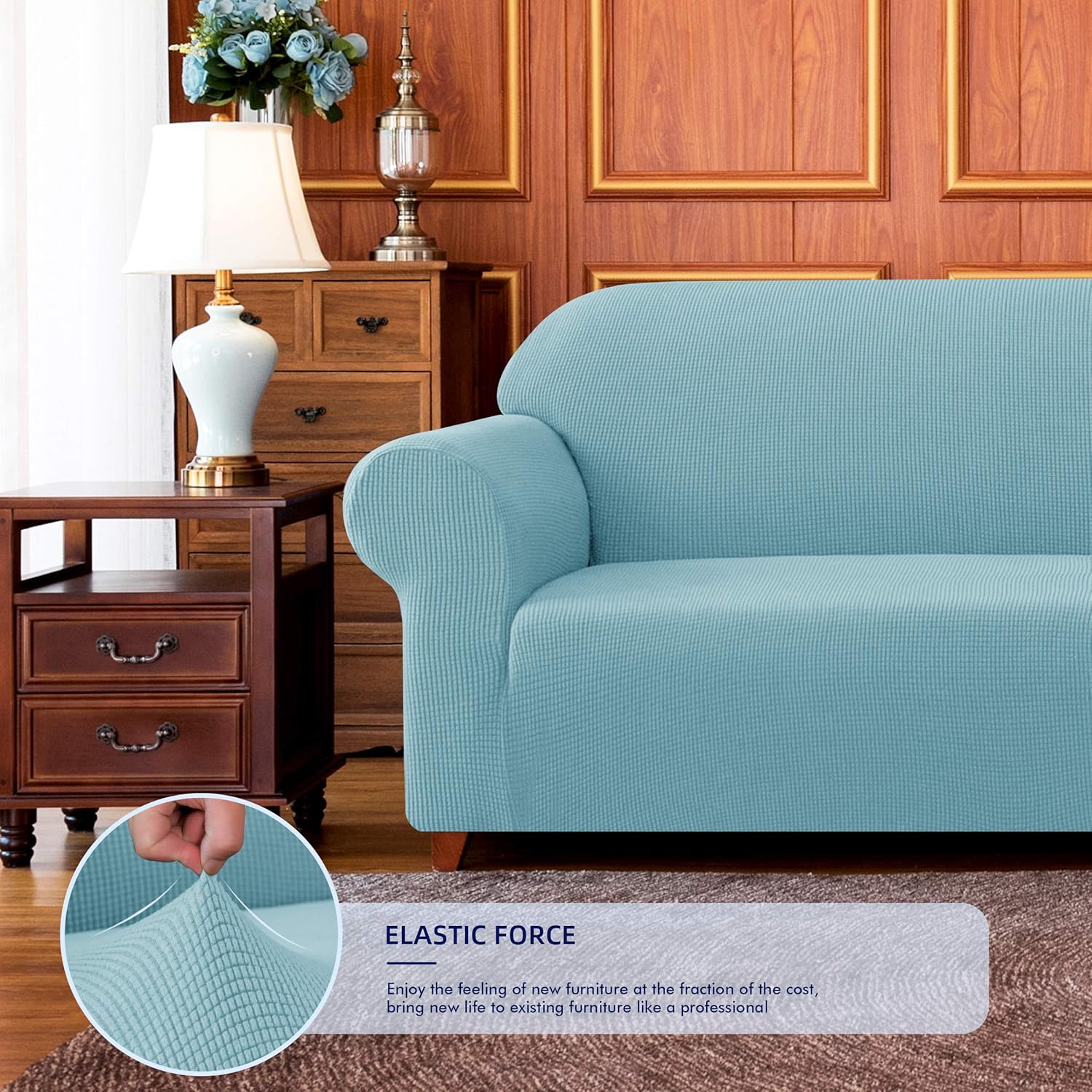 subrtex Stretch Sofa Cover 1-Piece Couch Slipcover Furniture Protector for Arm Chair Loveseat Coat Soft with Elastic Bottom, Polyester and Spandex Jacquard Fabric Small Checks (Large, Steel Blue): Home & Kitchen