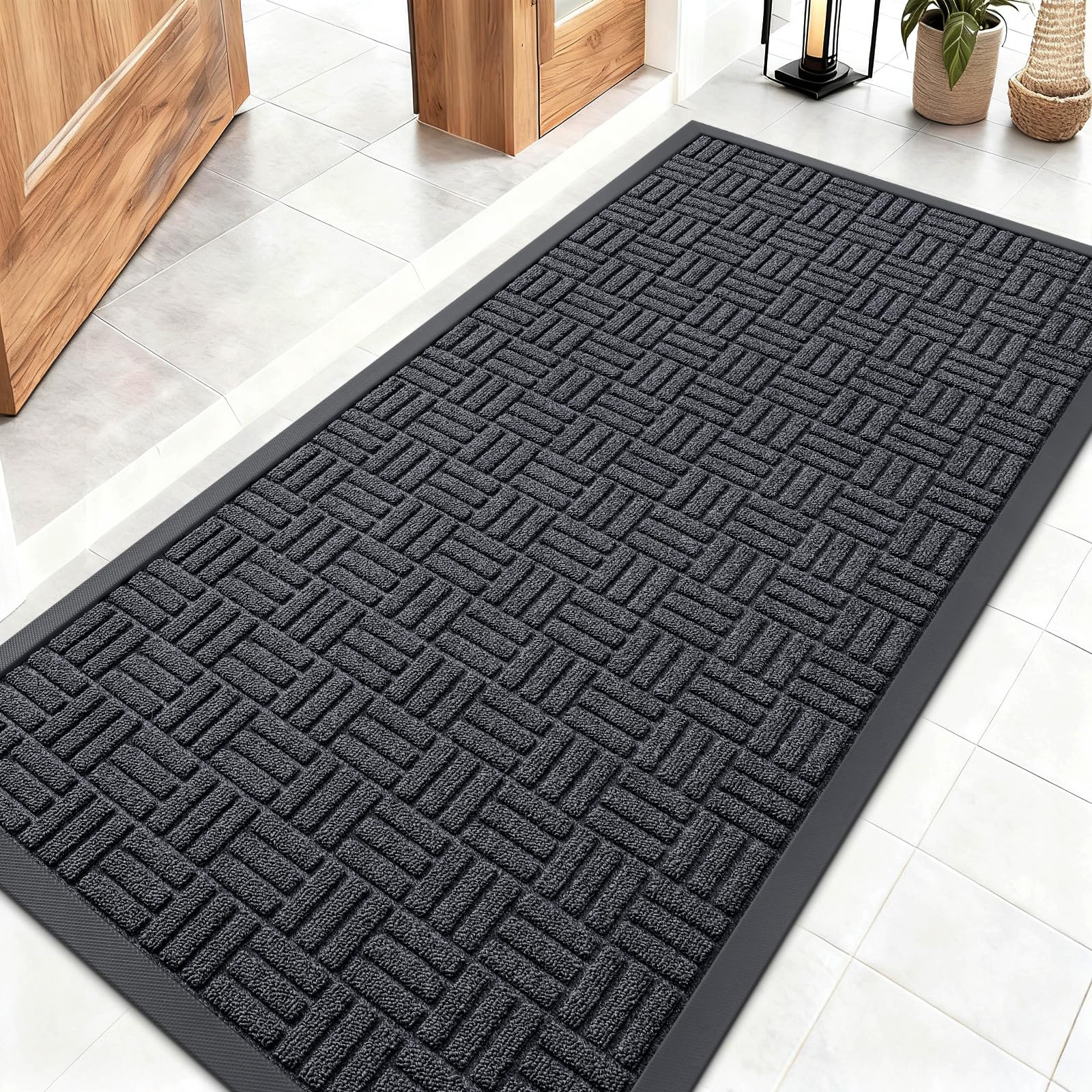 OLANLY Front Door Mat Outside Entrance 47x23, Absorbent, Heavy Duty Sturdy Natural Rubber Doormat Indoor Outdoor, Non-Slip, Stain and Fade Resistant, Low Profile Floor Mat for Entryway, Black Gray Image