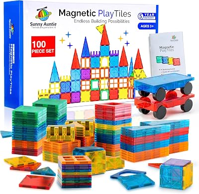 SUNNY AUNTIE Magnetic Tiles 100 PCS with 2 Cars - STEM Toy Kids 3-8