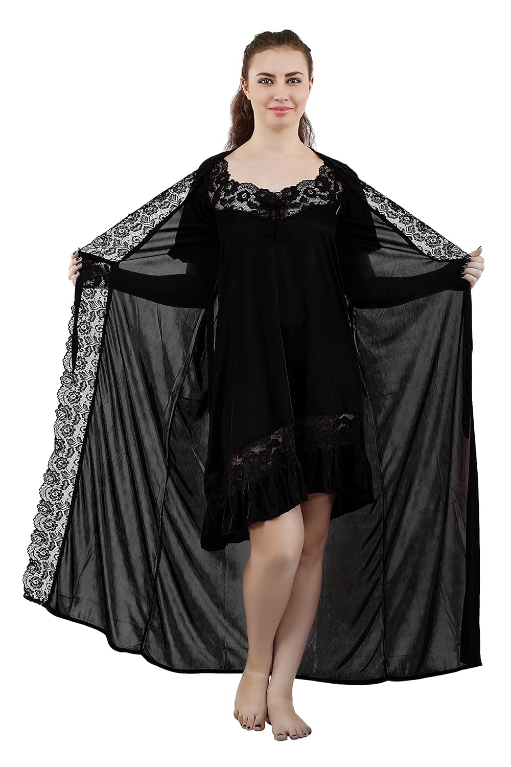 romaisa women's lace work nightdress with robe (size - free size) (pack of 2)