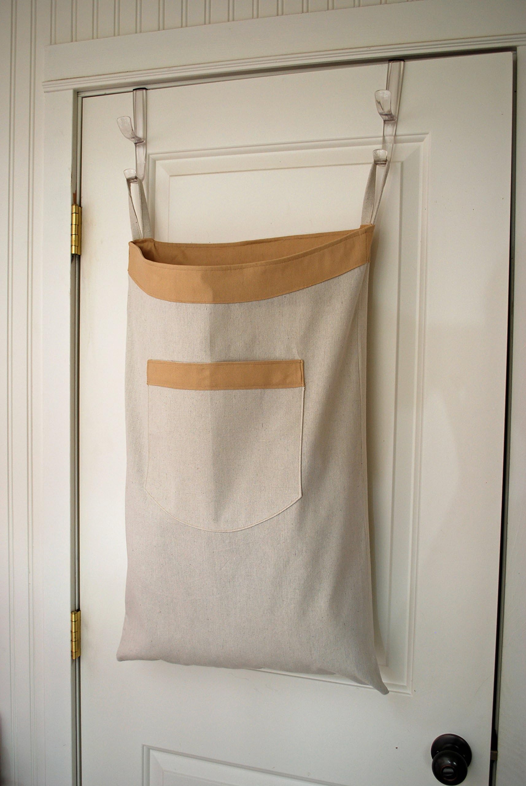 Hanging Hamper Laundry Bag -- Drawstring Bag with Shoulder Strap -- Natural Canvas Tan Trim