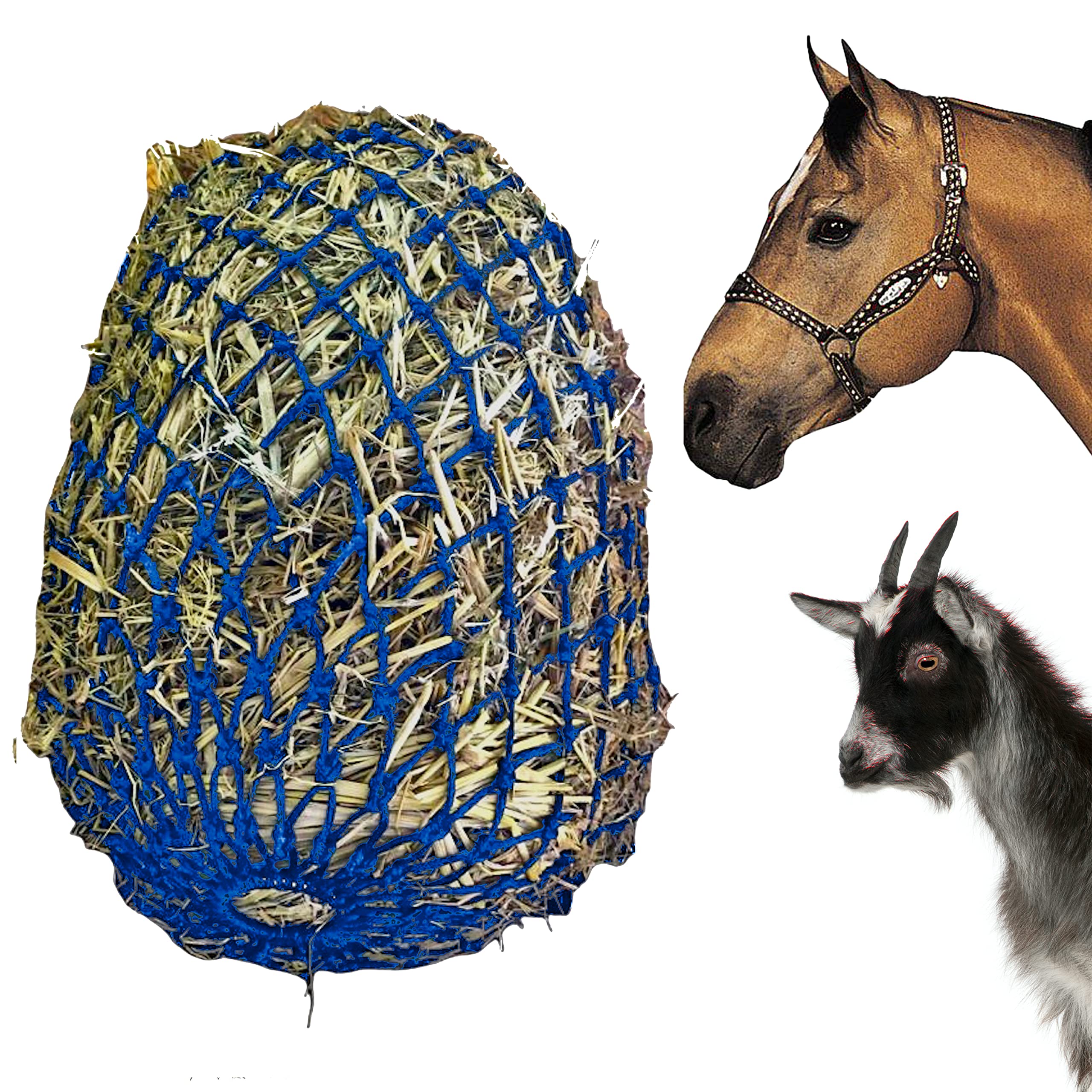 Majestic Ally 2”x2” Holes Slow Feed 40” Very Sturdy Hay Net with Bottom Ring for Horses, Nylon Rope Hanging, Adjustable Travel Feeder for Trailer, Stall (Royal Blue)