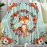 Fox Blanket Flower Fox Print Throw Blanket Ultra Soft Flannel Blankets Gifts for Kids Adults 50"x40"