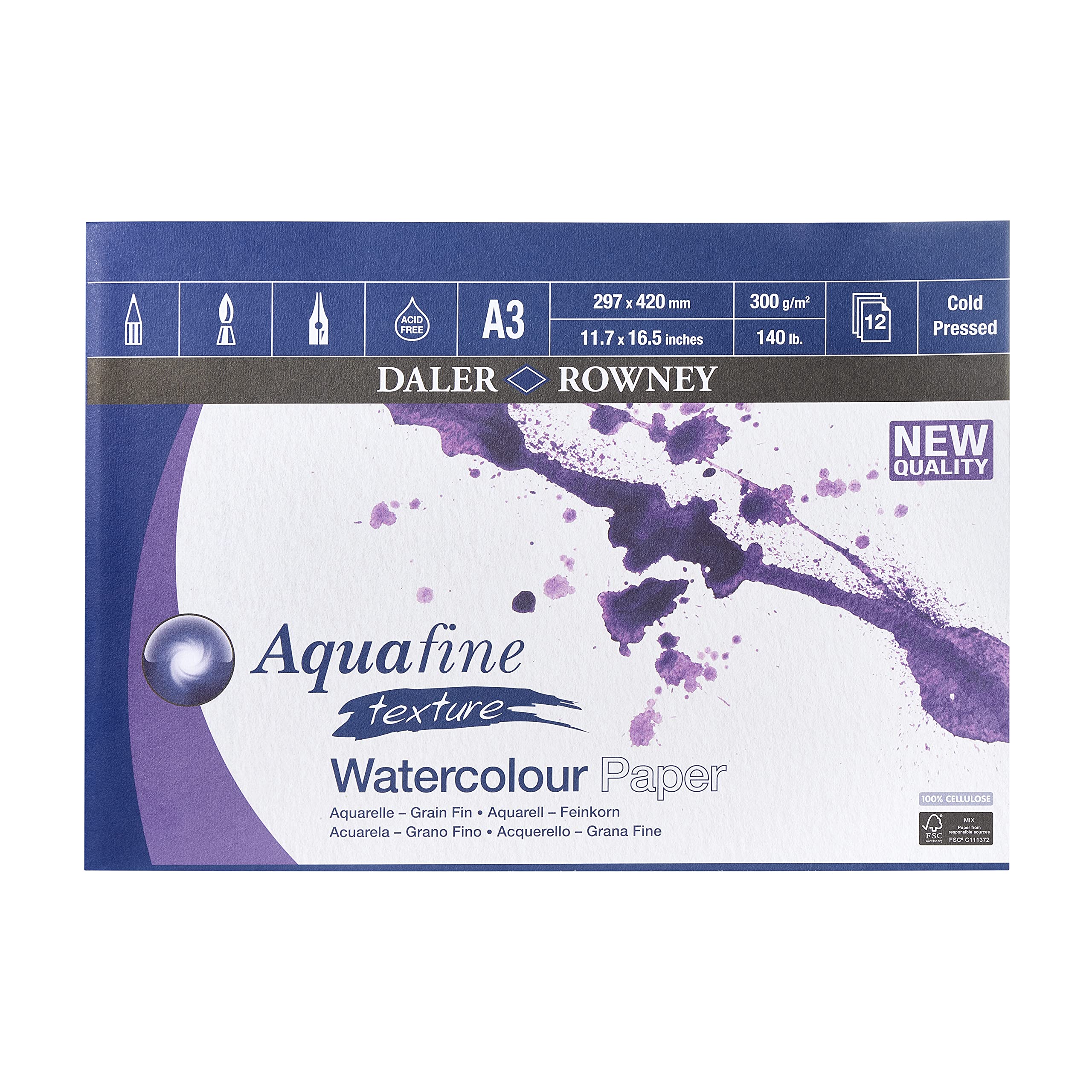 Daler Rowney GDAAGPA3 Aquafine aquarelle artists watercolour pad A3 12 sheets 300gsm NOT surface