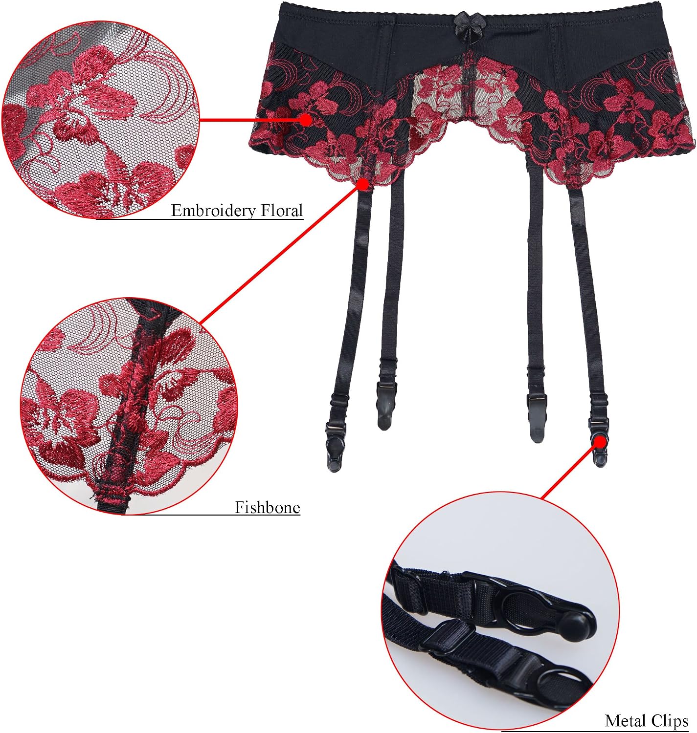 TVRtyle Wine Red Embroidery Flower Metal Buckles Women Sexy Garter Belts for Stockings S086 (Medium) - Image 3