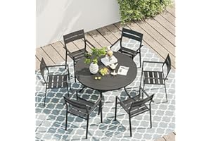 VICLLAX 7 Pieces Patio Dining Table and Chairs Set, 6 Metal Stackable Patio Chairs and 47.2" Patio Round Table with Umbrella Hole for Backyard Garden Deck, Black Chairs and Black Tabletop
