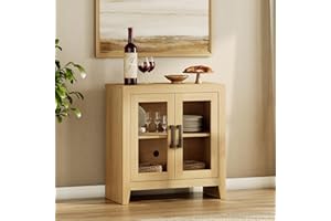 WAMPAT Buffet Cabinet with Storage, Kitchen Sideboard Cabinet with Glass Door and Adjustable Shelf, Modern Farmhouse Credenza