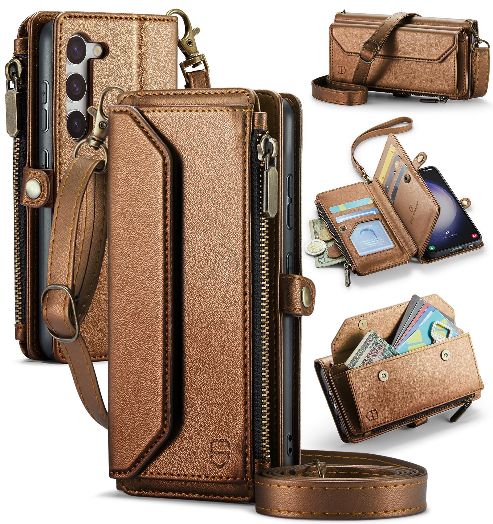 Photo 1 of Strapurs Crossbody Wallet Case Compatible with Samsung Galaxy S23 5G RFID Blocking Card Holder Soft PU Leather Magnetic Snap Shoulder Strap Zipper Pocket Phone Case Fit for Galaxy S23 6.1" - Brown