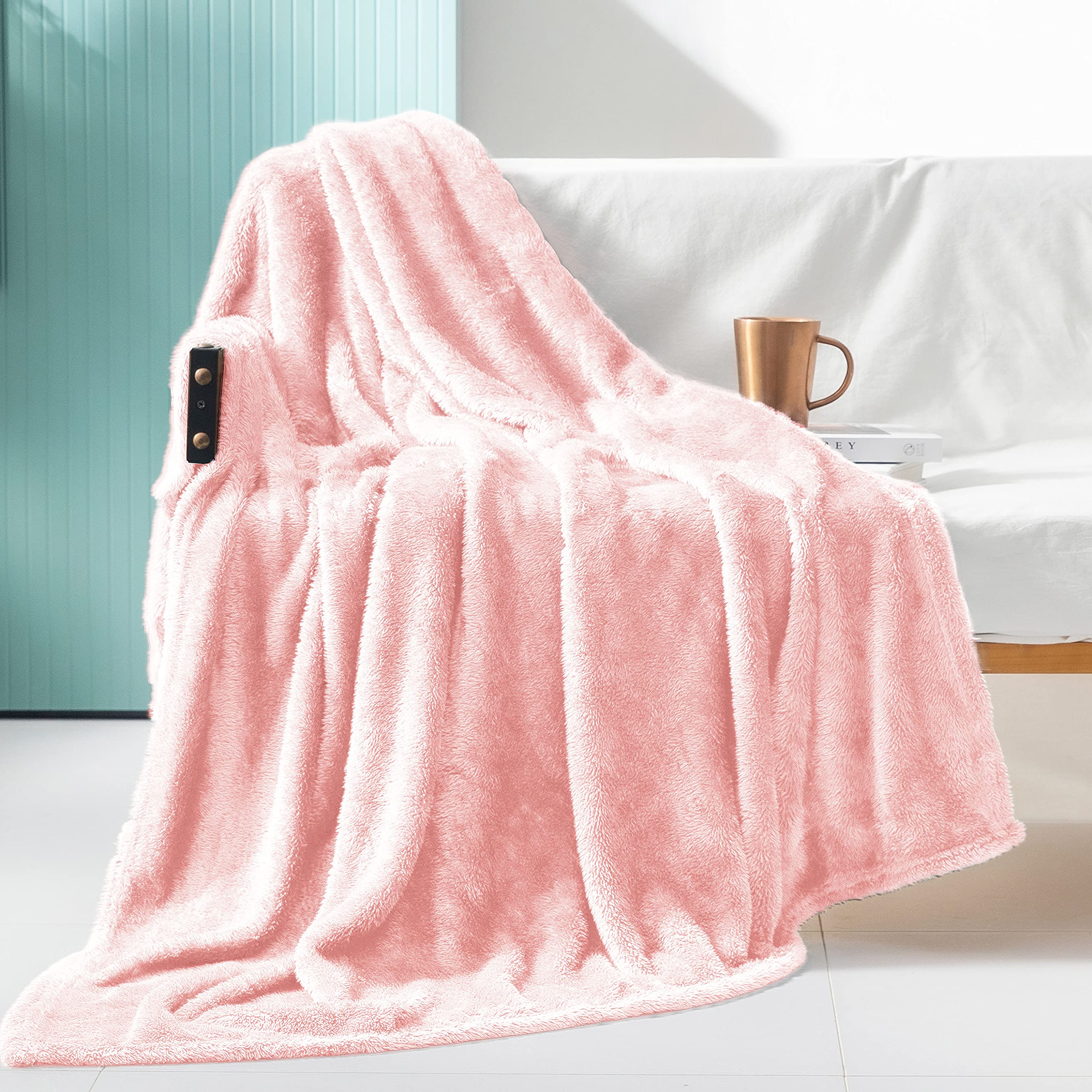Exclusivo Mezcla Plaid In Fleece Extra Large 127x177 Cm - Coperta Morbida, Calda E Leggera Per Divano E Letto - Rosa Chiaro - 2
