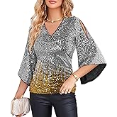 GRACE KARIN Womens Sparkly Sequin Tops,3/4 Sleeve Glitter Party Dressy Blouse,V-Neck Disco Evening Club Concert Shirt
