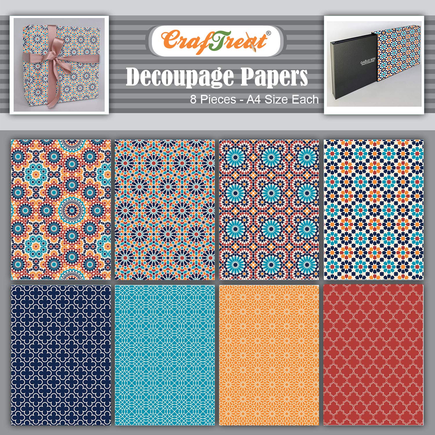 CrafTreat Reusable Decorative Decoupage Paper for Crafts -Mosaic I and II - Size: A4 (8.3 x 11.7 Inch) 8 Pcs - Decoupage Paper for Furniture, Wood and Scrapbooking