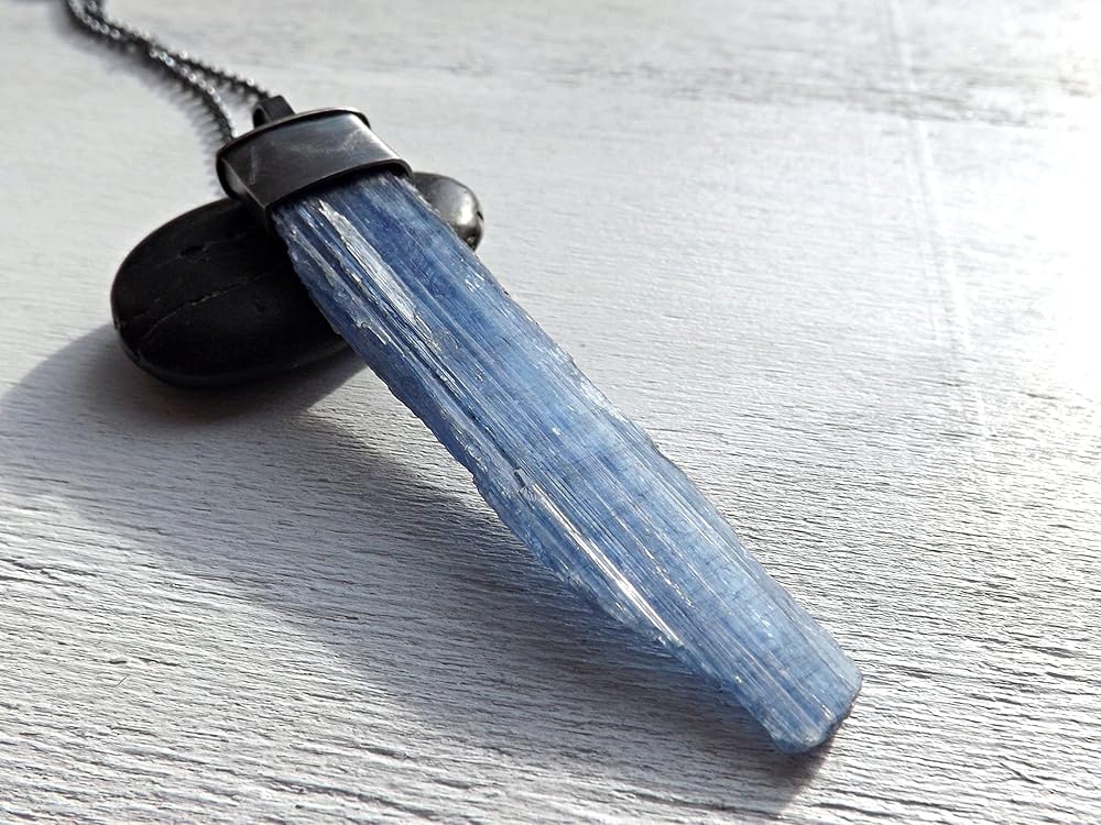 raw kyanite pendant, big kyanite crystal necklace silver