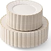 By Madee HEAVYWEIGHT 100 Pc Ivory and Gold Scalloped Disposable Plates for Party | 50 Dinner & 50 Dessert Heavy Duty Pastic Plates | Elegant and Fancy (50 Guests)