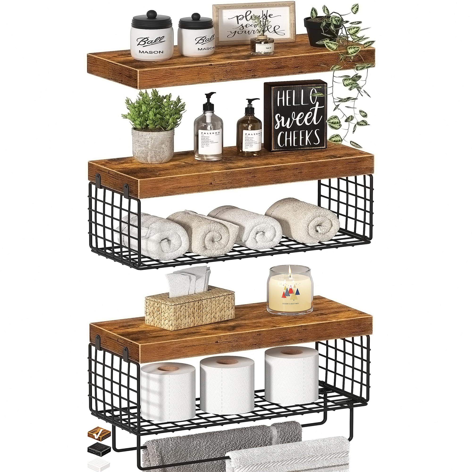 Photo 1 of KLUVIS Bathroom Floating Shelves Over Toilet - Shelf Above Toilet Storage Small Farmhouse Decor Shelves (15.7 inch, Set of 3, Rustic Brown)