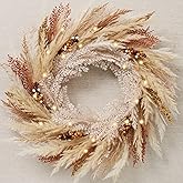 DecorbyHannah Thanksgiving Wreaths for Front Door, 24 Inch Collapsible Pre-lit Artificial Faux Pampass Grass Fall Door Wreaths for Outside Porch, Boho Neutral Door Decorations for Home Outdoor Indoor