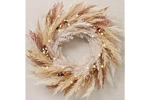 DECOR BY HANNAH DecorbyHannah Collapsible Fall Wreath, 24'' Pre-Lit Artificial Pampas Grass Wreath for Front Door, Boho Farmhouse Wall Decor for Thanksgiving Autumn Harvest Home Outdoor Decorations