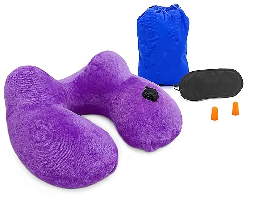 Mygadget Inflatable Neck Pillow Soft Velvet Blow Up Travel