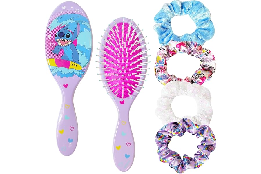 LUV HER Lilo & Stitch Hair Accessory 5 Pcs Set – 1 Regular 9 inch Stitch Hairbrush & 4 Scrunchies – Detangling Brush – Elastic Hair Ties Ropes for Girls, Ages 3+