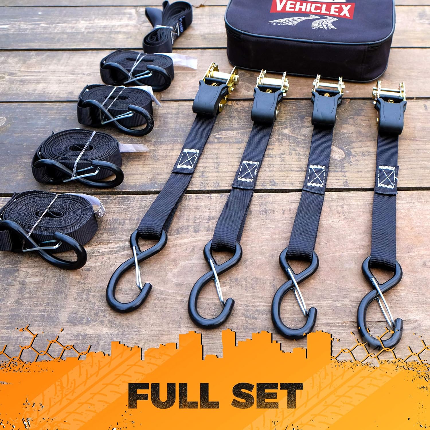 Vehiclex Ratchet Tie Down Straps – 15 Ft Long - UPGRADED 2200 lb Break Strength – 4 Pk Premium Heavy Duty Cargo Straps & Soft Loops, Vinyl Coated Full Bent Closed S-Hook & Ergonomic Rubber Handle: Automotive