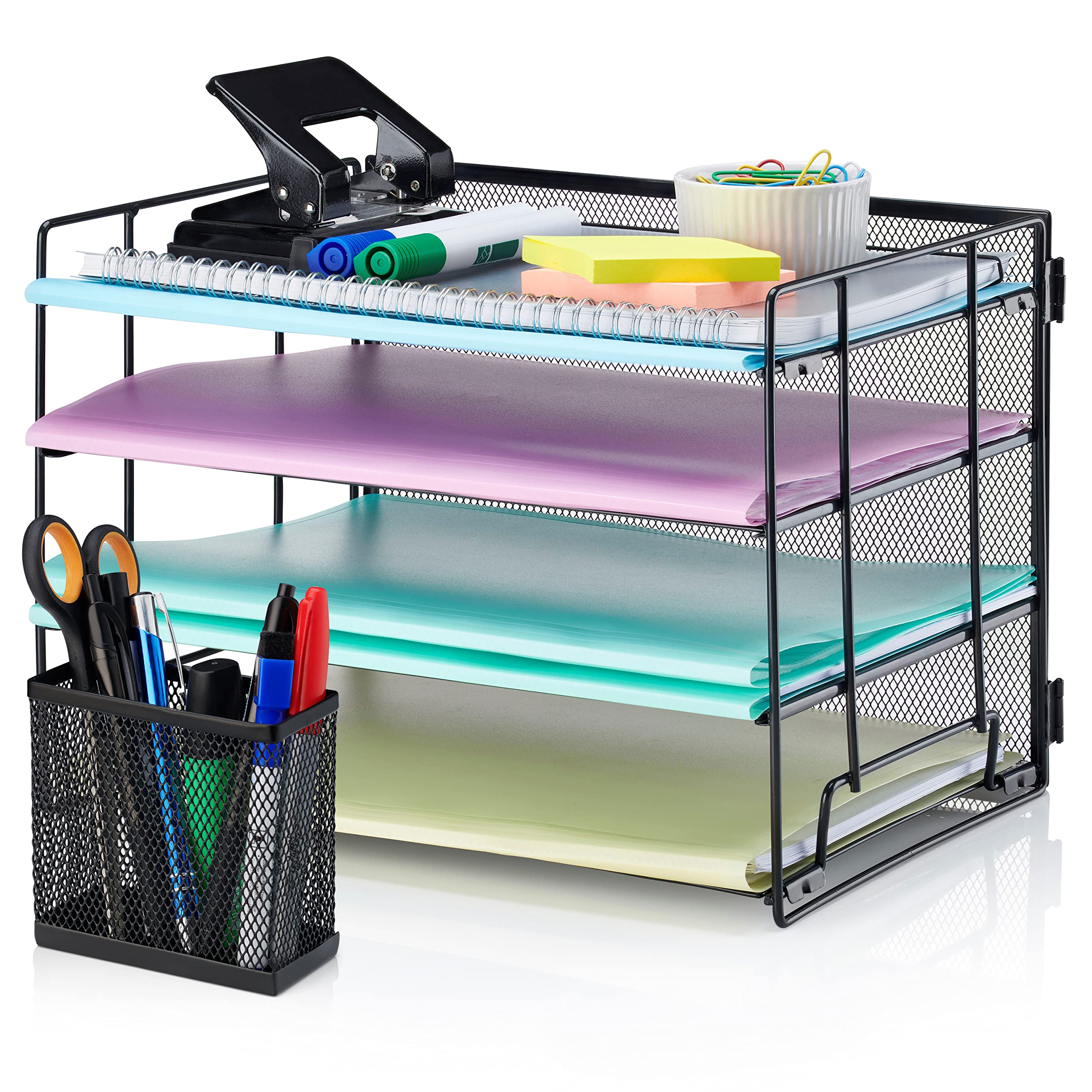 TIDYHIVE 4-Tier Letter Tray Organiser & Pen Pot, Screw-Free Design, Paper Filing Tray for Office Desk, File Holder Stackable Filing Trays