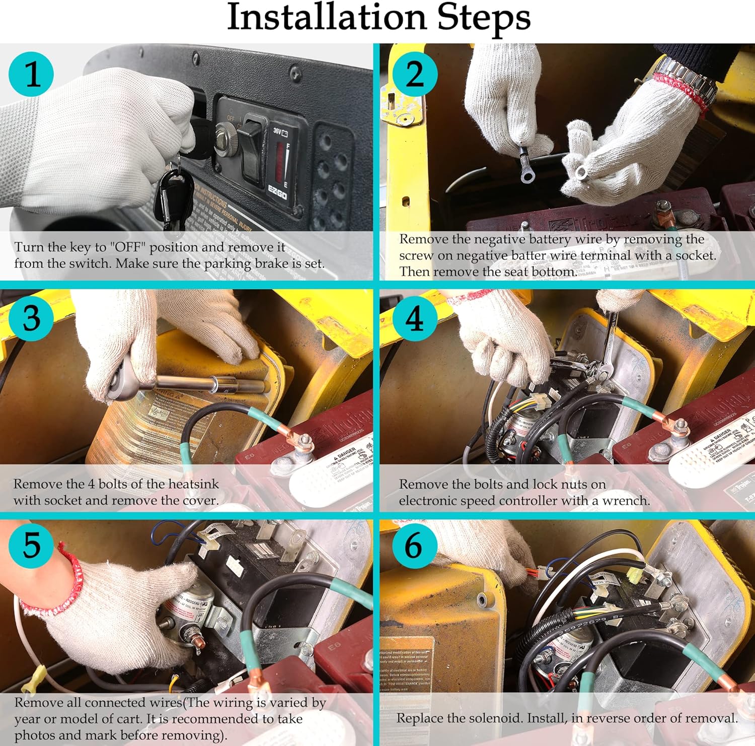 Six-step visual guide for solenoid relay installation