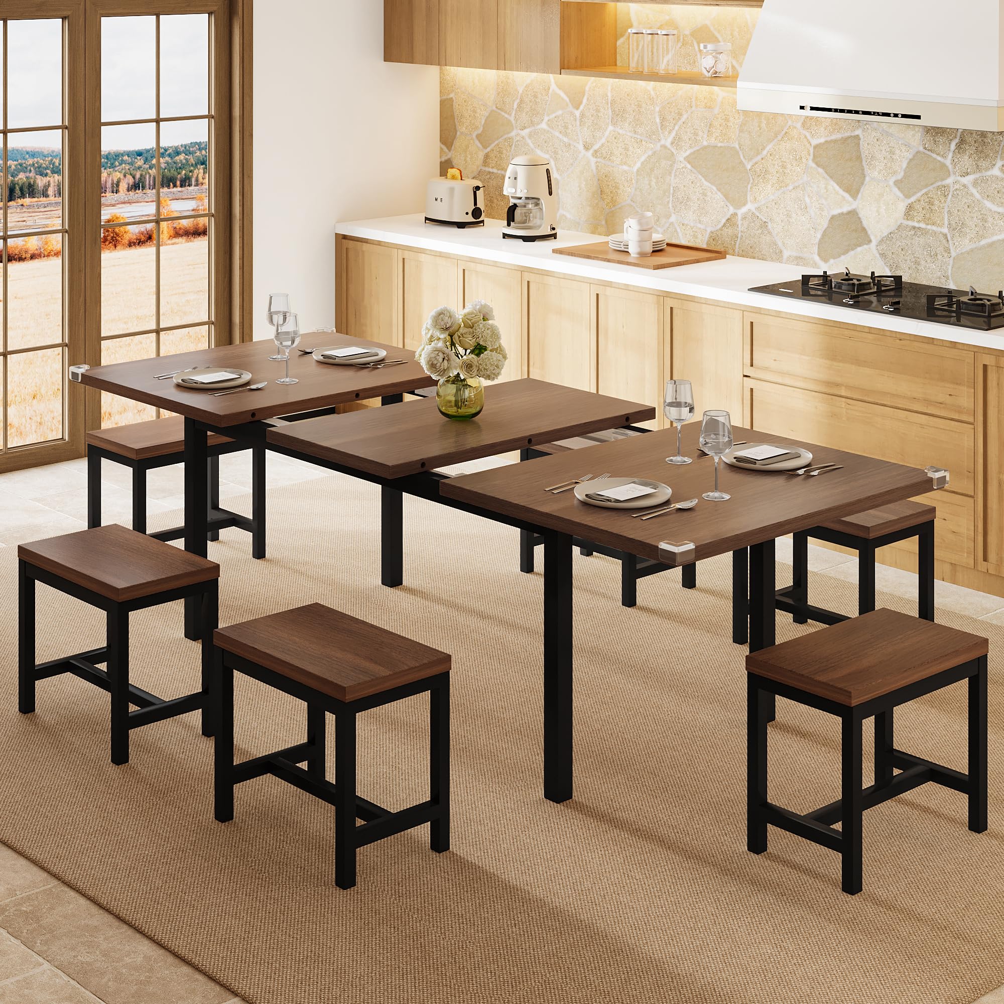 Photo 1 of Einhomn 7-Piece Dining Table Set, 63" Extendable Kitchen Room Table with 6 Stools, Mid Century Modern Dinner Table with Metal Frame & MDF Board, Space-Saving, Easy Assembly, Walnut