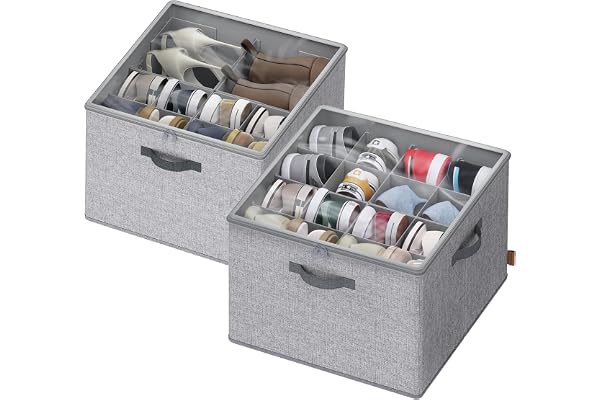 SONGMICS Shoe Organizer for Closet, Fabric Shoe Organizer Box with Adjustable Dividers, Storage Compartments, Stackable, Tran