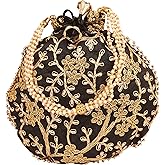 Touchstone Traditional Indian Hand Embroidered Shopping Gifts Jewelry Wedding Faux Pearls Strings Drawstring Bag for Women.