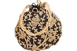 Touchstone Traditional Indian Hand Embroidered Shopping Gifts Jewelry Wedding Faux Pearls Strings Drawstring Bag for Women.