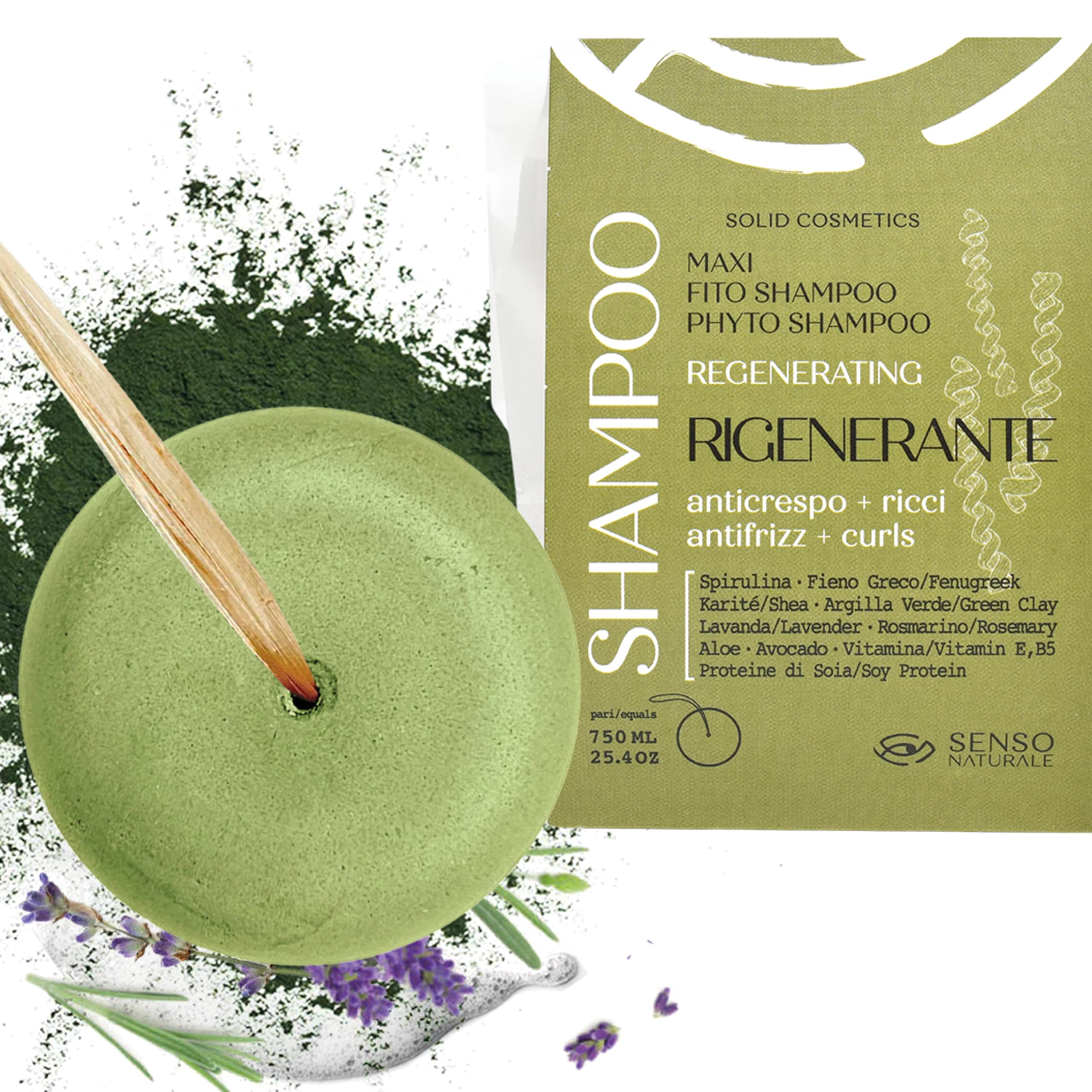 Senso Naturale Solid Shampoo Regenerating Anti Frizz for Curly Hair with Spirulina, Fenugreek, Green Clay, 100% Ecological, Vegan, Organic, PH 4.5-5.5 (1)