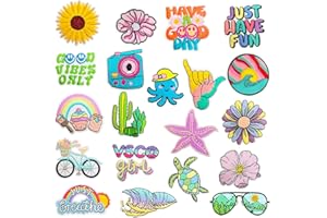 Yaveron 20Pcs Summer Embroidered Iron on Patches Vintage VSCO Patches Retro Aesthetics Applique Patches for Clothing Backpacks Jeans Hats