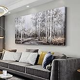 White Birch Tree Wall Art Grey Forest Painting Abstract Canvas Art Landscape Panoramic Picture Nature Artwork Framed for Living Room Bedroom Dinning Room Home Office Wall Decor 40"x20"