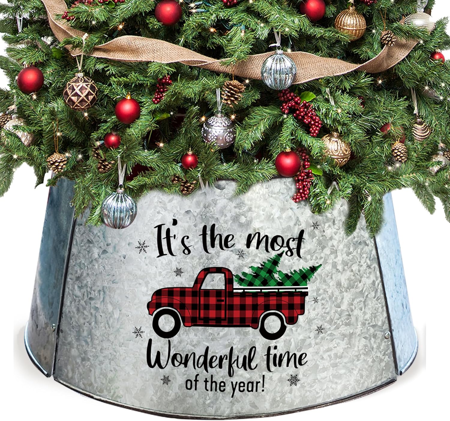 Trees - Christmas Tree Collar 21inch Round, Farmhouse Metal Christmas Tree Collars for Artificial Trees, Galvanized Ring Tree Skirt Christmas Decorations for Trees, Silver