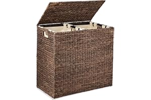 Best Choice Products Large Double Laundry Hamper with Lid, Natural Handwoven Water Hyacinth, 2 Sections w/ 2 Machine Washable Linen Liner Bags, Portable, Handles - Espresso