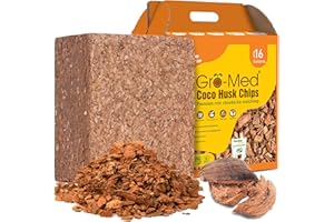 Gro-Med Coco Husk Chips Block 10lb Expands Upto 16 Gallons Coconut Chip Substrate, Coco Coir Husk Mulch for Gardening, Indoor, Outdoor Plants Orchid Bark Alternative - OMRI Listed, Low EC Balanced pH