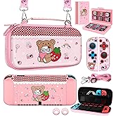 Gurgitat 8in1 Kits Accessories Bundle for Nintendo Switch OLED 2021 - Cute Carrying Case, Protective Cover, Joy Con Grips, Thumb Grips, 24 Game Holder, Shoulder Strap Teens Boys Girls, Strawberry