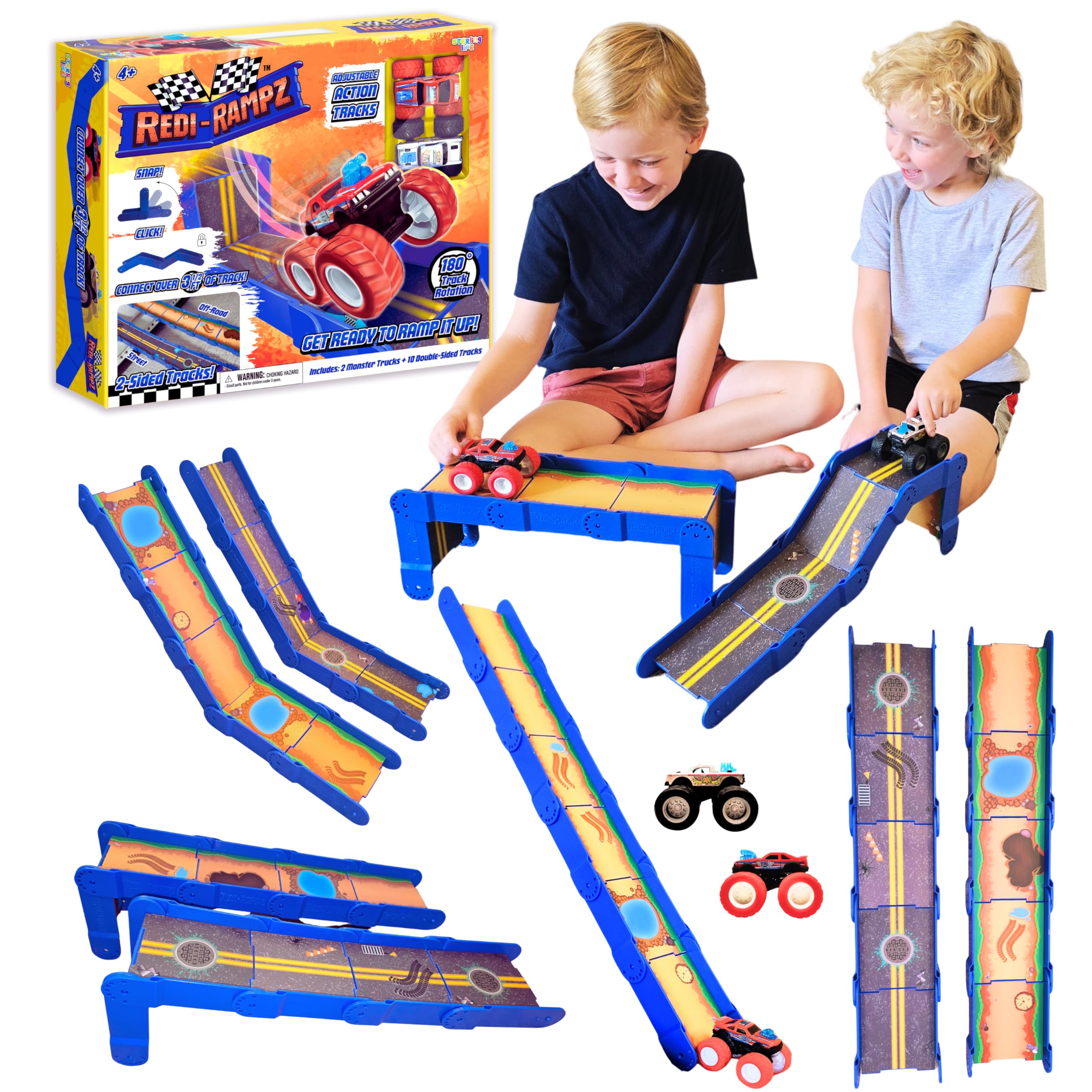 REDI-RAMPZ™ STEM Ramp Builder Set–10 Modular Track Pieces with Adjustable Angles + 2 Monster Trucks | Build Custom Ramps, Bridges & Jumps (Ages 3+, No Batteries, Fits 1:64 Vehicles)