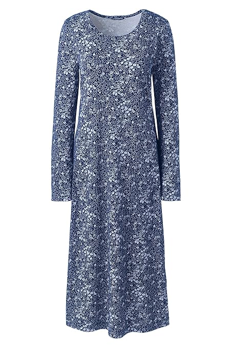 Lands' End Wadenlanges Baumwoll- Langarm-Nachthemd, Gemustert, für Damen