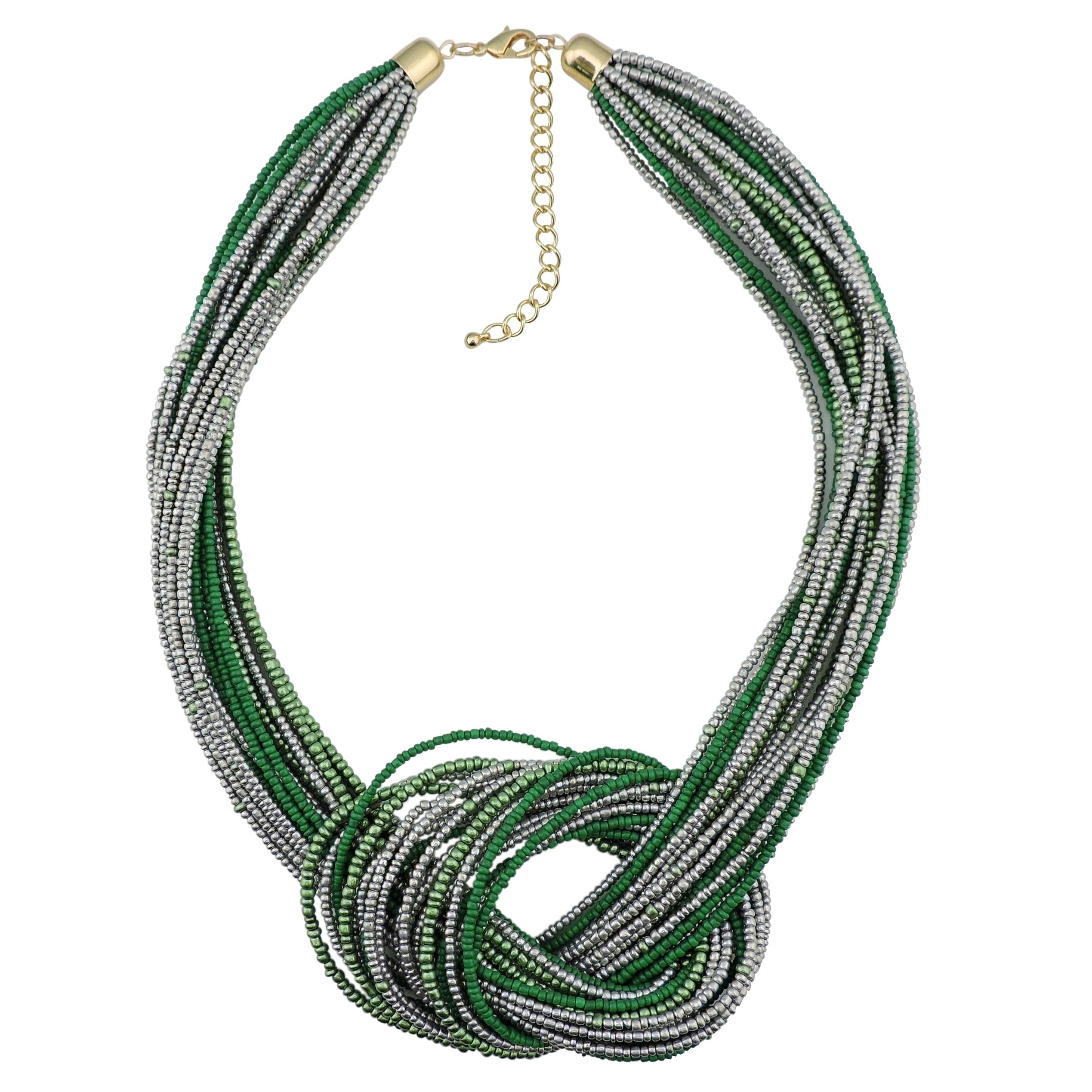 Bocar Seed Beads Multilayer Chunky Bib Statement Knot Necklace (NK-10316-olive+Silver Tone)