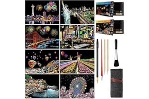 MIASTAR Scratch Painting Kits for Adults & Teens, Rainbow Painting Night View Scratchboard(A4), Crafts Set: 8 Sheets Scratch Cards with 5 tools in Bag - New York, Statue of Liberty, Seattle(America / Europe)